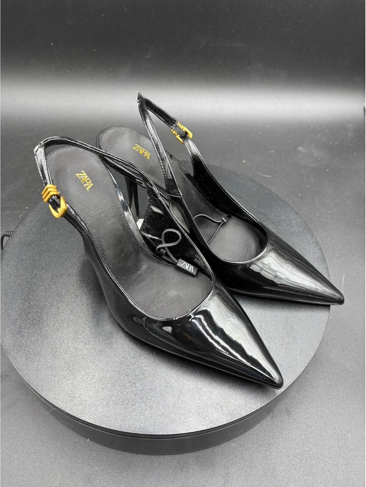 Zara Black Patent Leather Slingback Heels Size 6.5